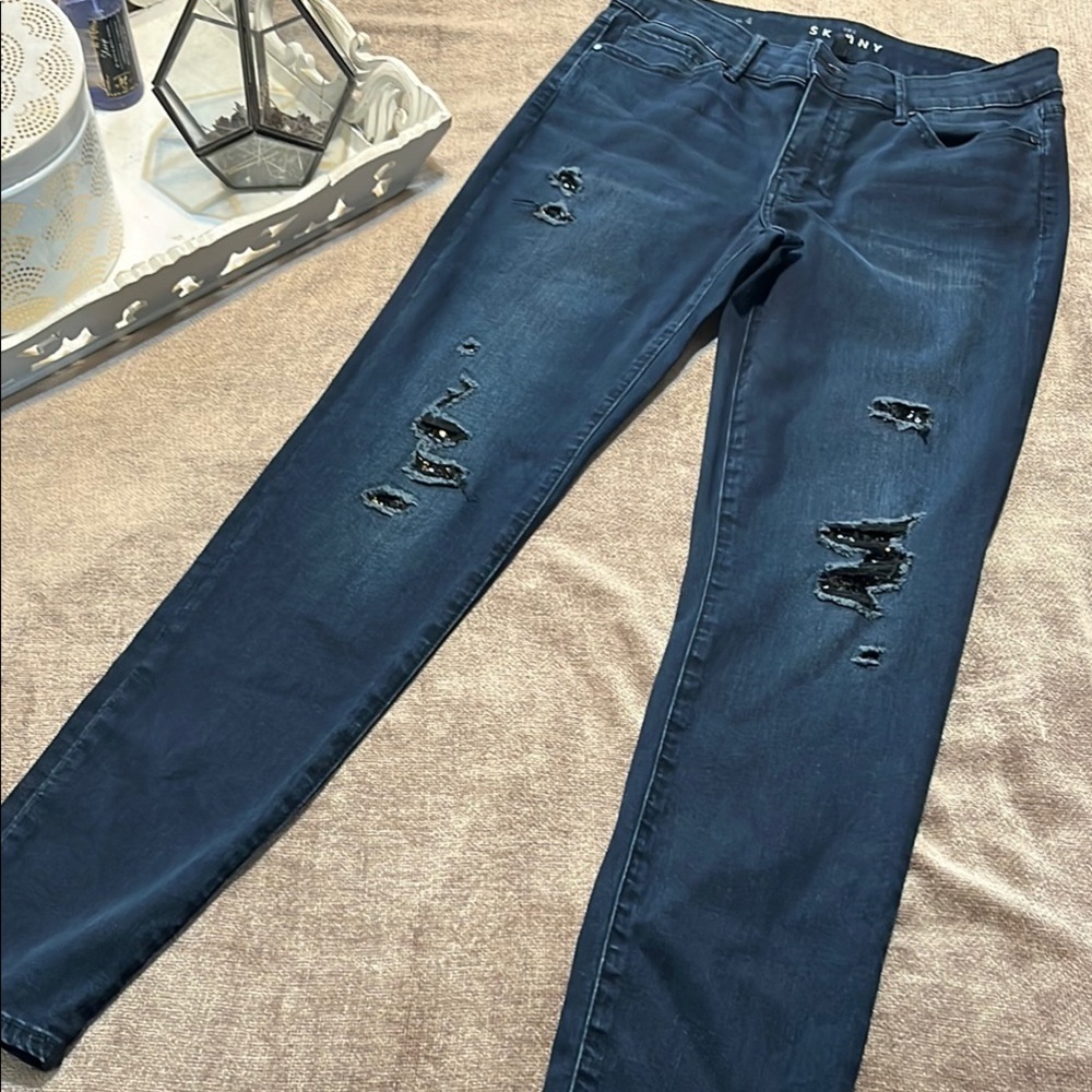 White House Black Market Dark Blue Distressed Jeans with Black Sequin Accent